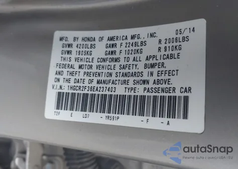 2014 Honda Accord Lx из США, поврежденный, VIN 1HGCR2F36EA237403